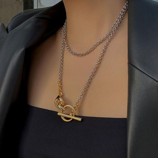 

pendant necklaces hip-hop long chain niche necklace female light luxury design sense clavicle cold wind two-color stitching, Silver