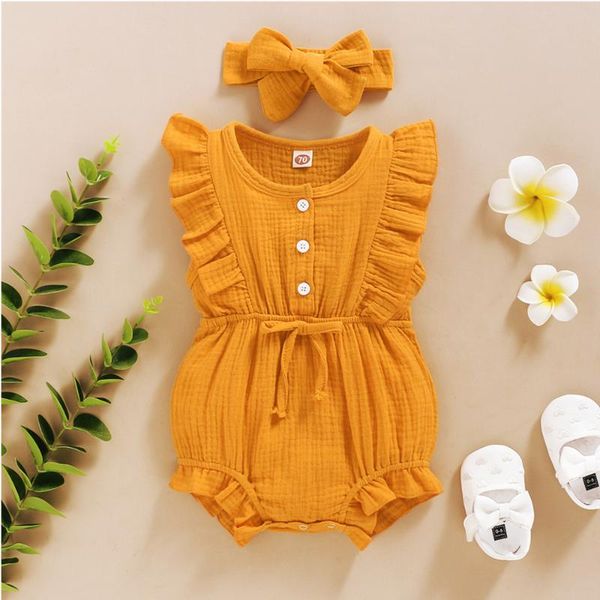 

rompers summer baby girls romper + headband cotton linen ruffles sleeveless infant born clothes, Blue