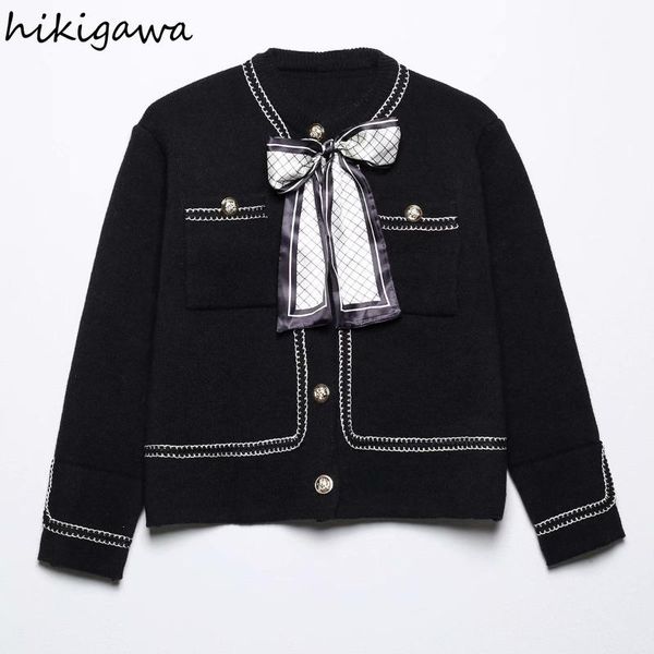 

women's jackets hikigawa knitting jacket korean o neck bownot long sleeve single breasted sweaters coat solid loose sweater, Black;brown