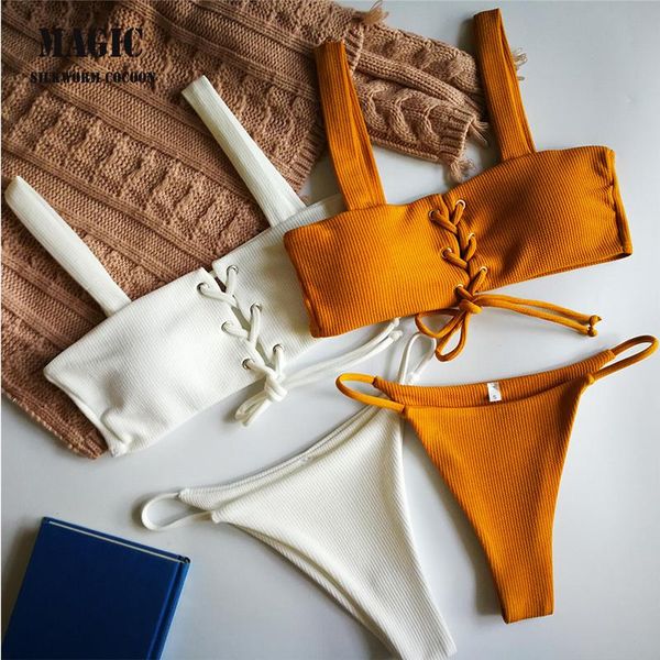 

one-piece suits summer two piece swimwear 2021 women halter solid bikini set thong swimsuit women's swimming suit red yellow beachw