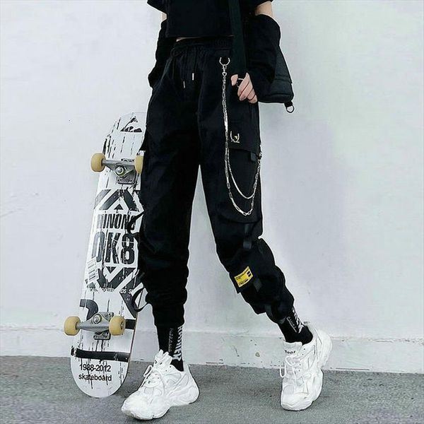 

cargo high waist loose streetwear women capris baggy tactical trouser hip hop quality black chain joggers, Black;white