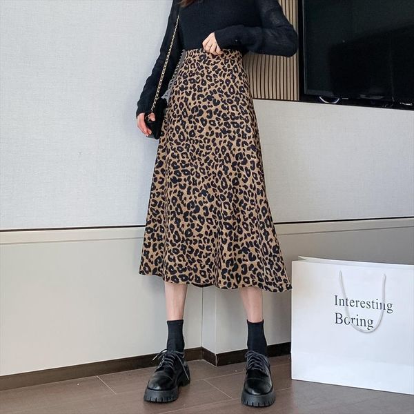 

leopard vintage autumn and women skirts winter a line long soft fashion casual high waist mid calf, Black