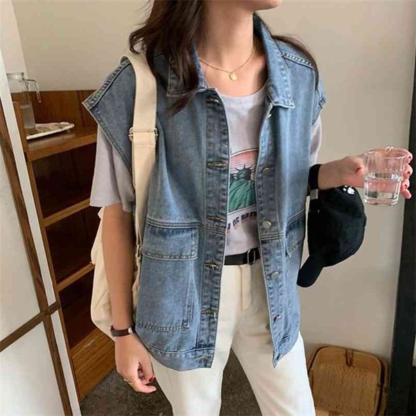 Kadınlar için Denim Yelek Büyük Artı Boyutu Jean Yelek Kadın Kolsuz Ceket Bahar Sonbahar Casual Streetwear Ceket Işık Mavi 210819