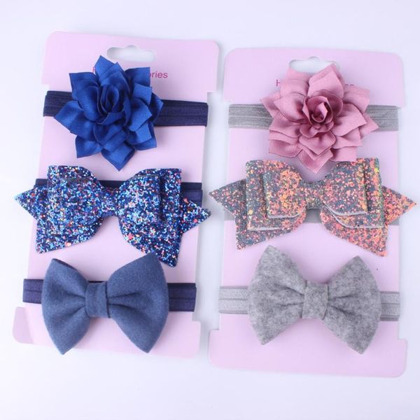 

hair accessories wholesale 3pcs/set lovely elastic baby headband bows flowers born girl headbands girls haarband, Slivery;white
