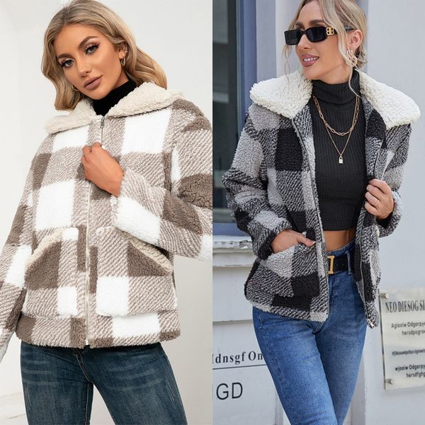 

casual plaid plush lapel jacket lamb fur plaid pocketjacket women, Black