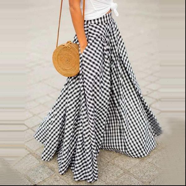 

summer women skirts retro plaid check long casual pockets faldas pleated skirt ladies bohemian jupe femme, Black