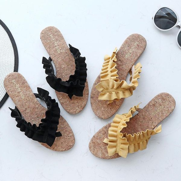 

slippers 2021 summer women flip flops female brand design pleated cross-tied travel beach casual outdoor slide sandals ladies shoes flats, Black