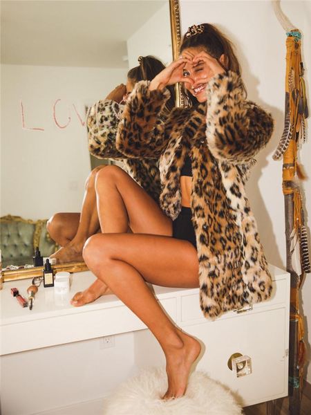 

women's fur & faux winter women streetwear leopard loose full sleeve female tide coats fashion, Black