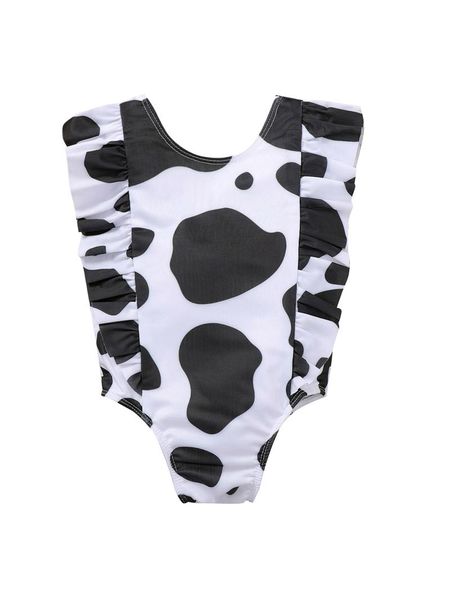 

one-pieces kids swimsuits girls cow grain print o-neck sleeveless swimwear for summer 6 months-5 years, Black