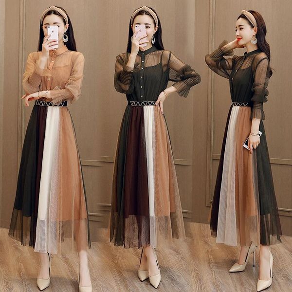 

casual dresses women stylish lace patchwork dress transparent midi shirt long sleeve female chic elegant mesh vestidos party, Black;gray