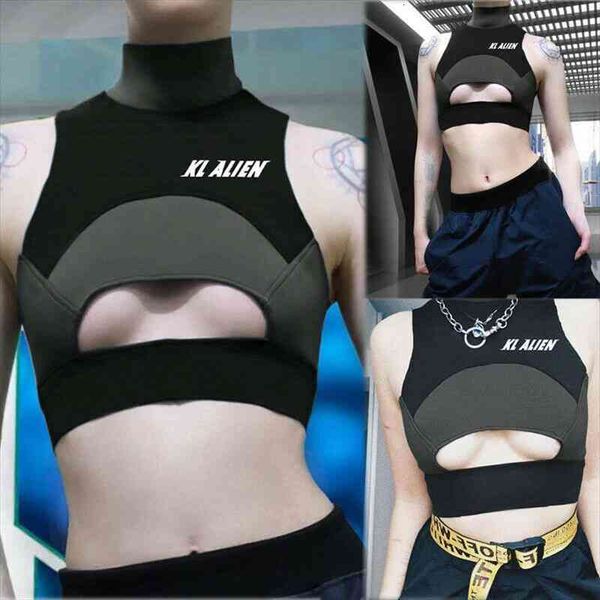 

women summer slim sleeveless tanks casual kl letter print turtle neck hollow elastic stitching vest tank tees, White