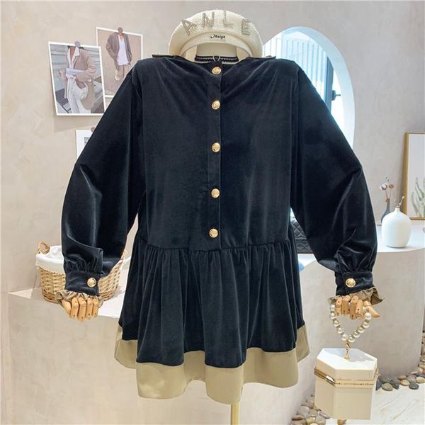 

casual dresses niche design women's clothing 2021 autumn vintage retro stitching contrast velvet loose and thin doll dress, Black;gray