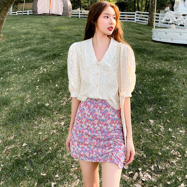 

two piece dress women 2 piece summer sets frill peter pan collar hollow out embroidery sleeve lace blouse and draped floral skirt, White