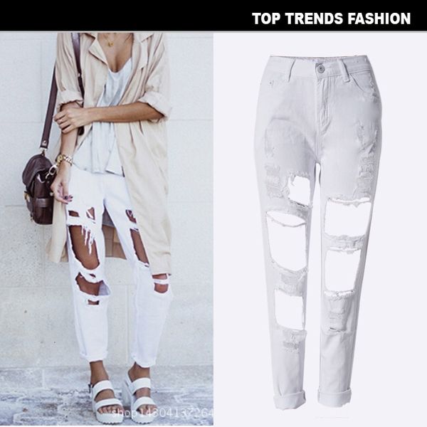 

style bf women's white straight tube beggar big hole jeans loose capris, Blue