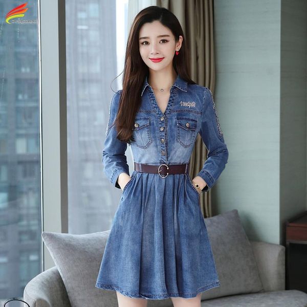 

casual dresses blue women jeans dress 2021 fashion high street long sleeve denim a-line pleated with belt elegant vestidos, Black;gray