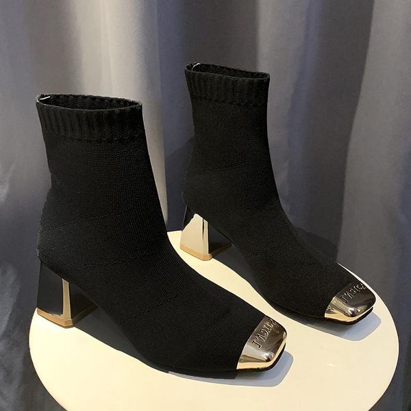 

boots 2021 womens short female pointed toe thick heel high ankle flock zipper single autumn size u23-86, Black