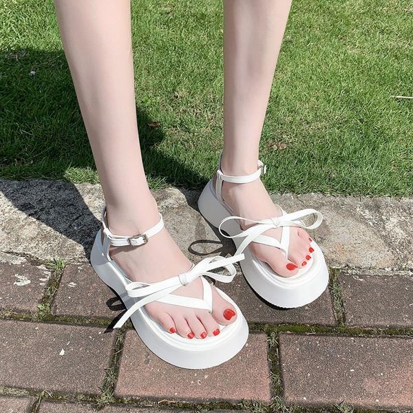 

sandals korean flat platform cross thin band roman ankle strap flats women's clip toe flip flops fashion beach shoes, Black