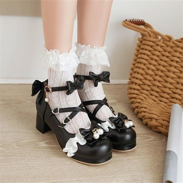 

lace ruffles pearls bow knot mary janes lolita shoes girls women cross tied jk dress cosplay pumps plus size 34-46, Black
