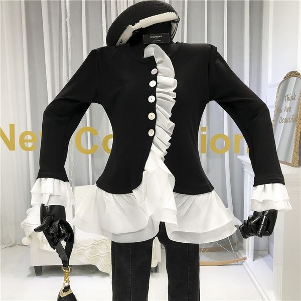 

spring fashion design trendy ruffled trim shirt women's long flare sleeve button deco slim blouse 210525, White