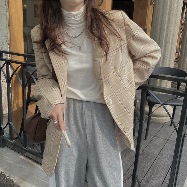 

women's suits & blazers hzirip plaid inlaid women's blazers loose jacket lady from office brief elegant of vintage high padded wo, White;black