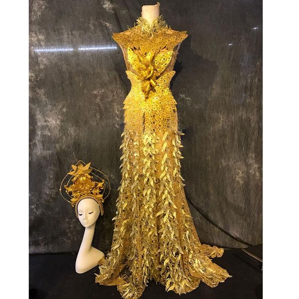 

party decoration sparkly golden creative dress crystals sequins long women's celebrate outfit nightclub female singer stage