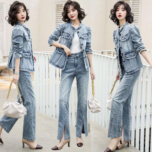 

women's two piece pants women 2021 spring autumn long sleeve jeans coat+pants sets female single breasted jackets denim pant suits for, White