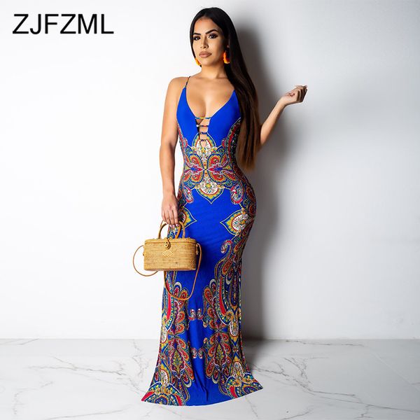 

printed maxi party trumpet dress women spaghetti strap open back bodycon dress vintage v neck high waist floor length dress x0521, Black;gray