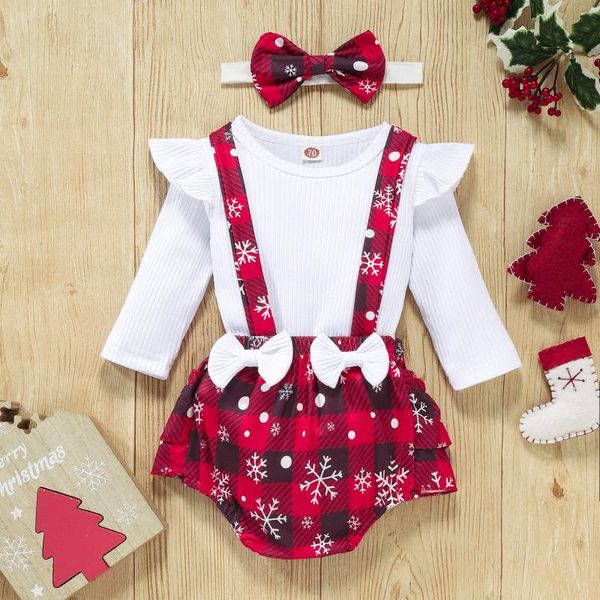 

clothing sets christmas born baby girl clothes set xmas ruffle +snowflake plaid suspender shorts headbands outfits, White