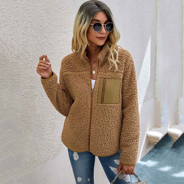 

2021 autumn teddy coat women faux fur coat female plush teddy jacket ladies long sleeve zipper warm winter coat women, Tan;black
