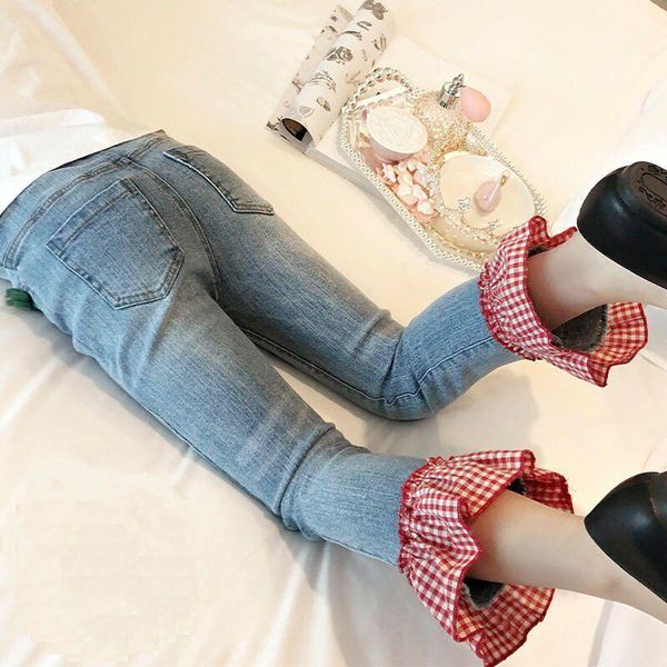 

jeans 2-10y toddler baby girls fashion flare pants autumn winter plaid panel bell-bottomed long trousers for kids, Blue
