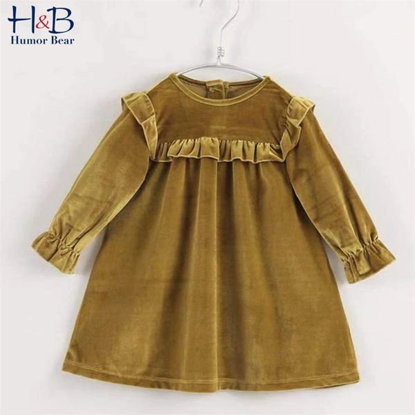 

girls dress autumn winter solid color long sleeve velour dresses sweet kids velvet clothes princess 210611, Red;yellow