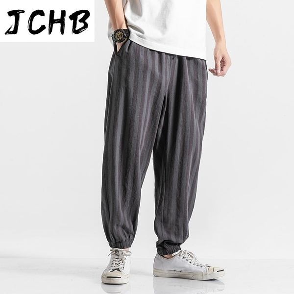 

men's pants 2021 harem men korean style casual loose cotton linen striped sweatpants jogger streetwear trousers, Black