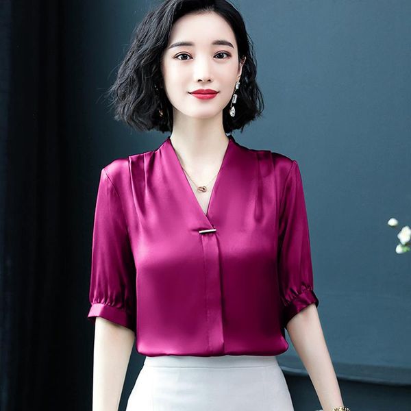 

elegant solid women blouse 2021 summer half sleeved v-neck slim office lady pulls all match outwear women's blouses & shirts, White