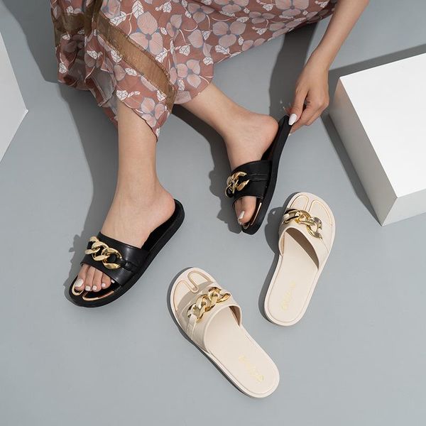 

slippers women 2021 summer slides fashion metal chain decorated flat shoes round toe ladies female beach sandalias, Black