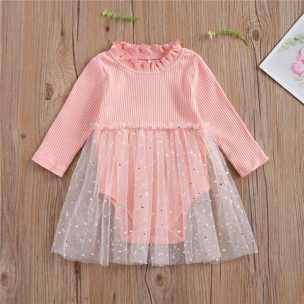 

rompers cute infant baby girls ribbed long sleeve pink mesh stitching dress romper spring fall toddler clothing, Blue