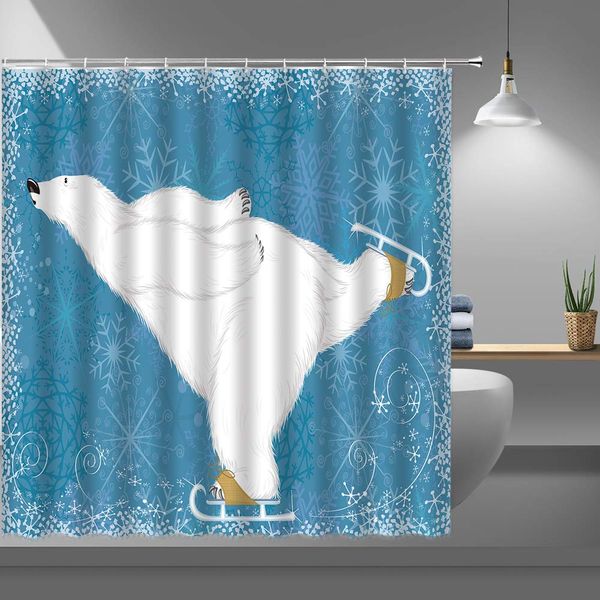 

christmas shower curtains for bathroom,skating polar bear and snowflakes fabric shower curtain with plastic hooks,69x70 inch