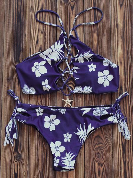 

women's swimwear sale summer women lace-up boho leaf print bikini set female fashion hollow blue two pieces beachwear swimming, White;black