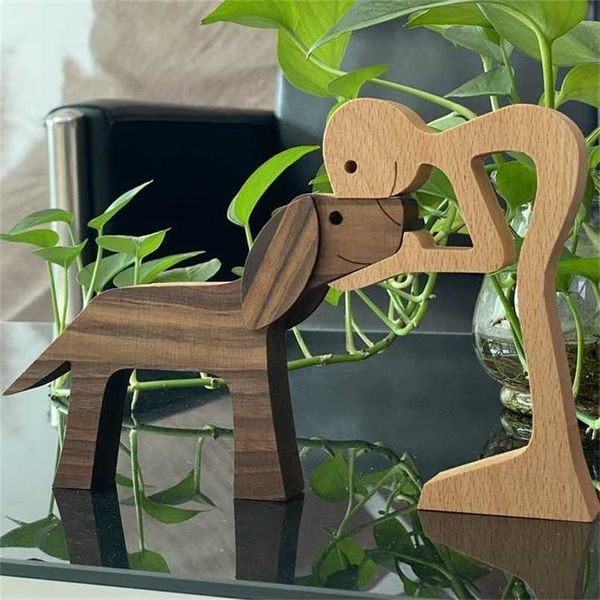 Mensch und Hund Holz Kunstwerk Skulptur Handwerk Figur Entzückender Tisch Büro Ornament Modell Heimdekoration Geschenke für Männer Frauen 211108