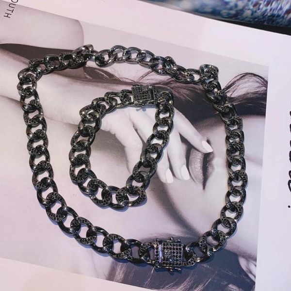 

earrings & necklace statement black color cuban link chain choker bracelet 2pcs bridal zirconia sets for women jewelry n0493, Silver