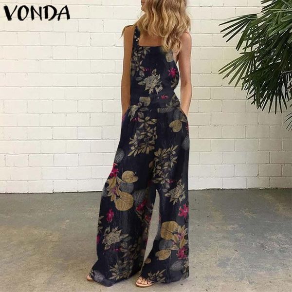 

vintage floral printed jumpsuits plus size womens cotton sleeveless wide leg overalls elegant long pants summer rompers women's &, Black;white