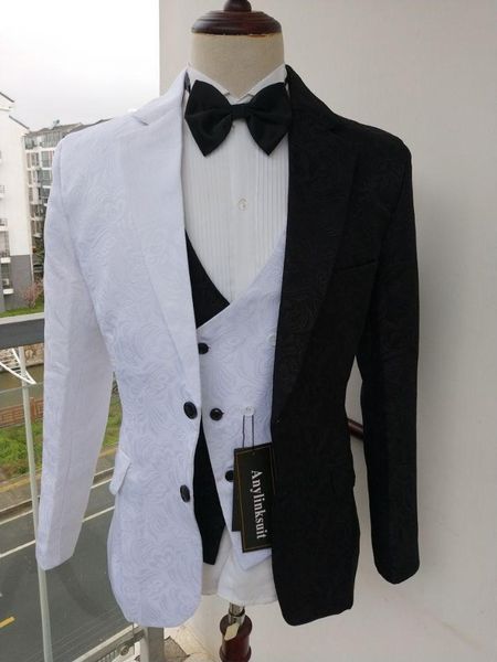 

handsome black and white wedding tuxedos two buttons slim fit groom formal wear fashion men suit 3 pieces set stylish pom party blazer jacke, Black;gray