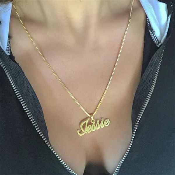 

gold box chain custom jewelry personalized name pendant necklace handmade cursive nameplate choker women men bijoux bff gift, Silver