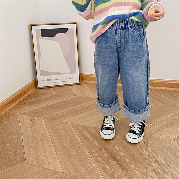 

spring autumn kids boys straight loose all match jeans children korean clothing baby girls solid color fashion denim pants 1-7y, Blue