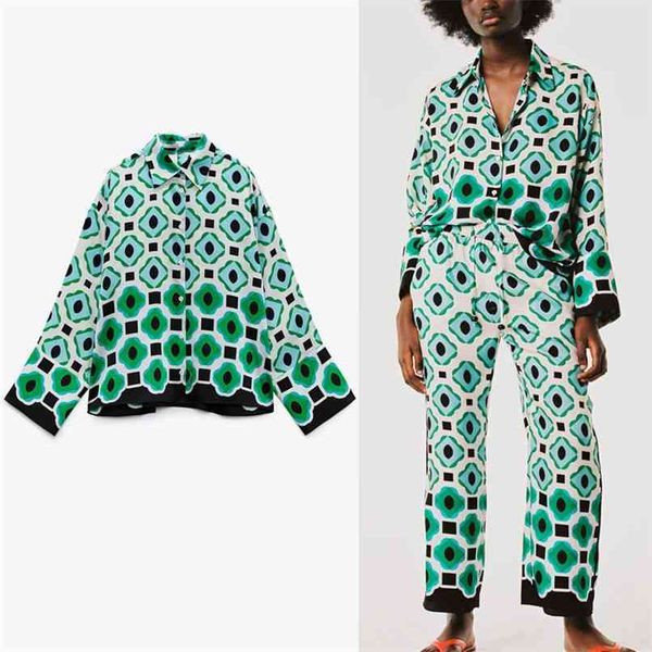 

geometric print green shirt women long sleeve asymmetric vintage summer shirts female chic button up loose 210524, White