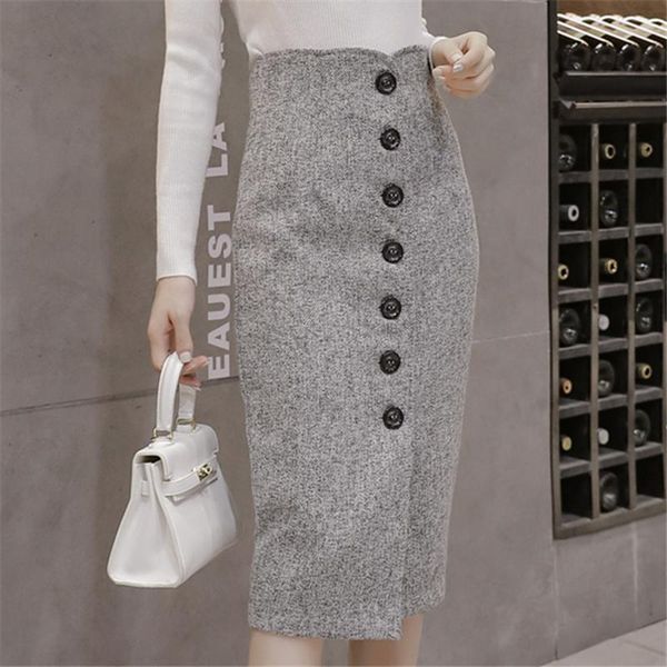 

skirts 2021 winter wool wrap faldas high waist woolen button pencil midi office ladies elegant grey, Black
