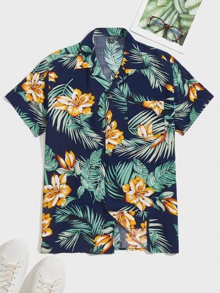

men tropical print patched pocket shirt k5ew#, White;black