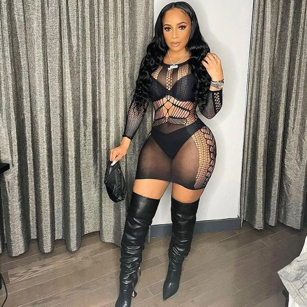 

casual dresses women mini dress long sleeve hollow round neck tight-fitting nightclub party bodycon sexy, Black;gray