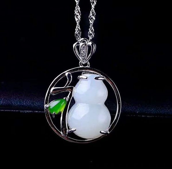 

lockets hetian baiyu silver inlay pendant white jade gourd h21#