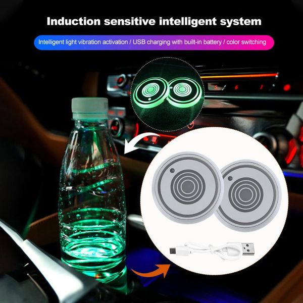

interior&external lights 1pair 7 colors changing led car usb charging mat battery powered cup holder multifunctional atmosphere lamp