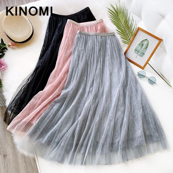 

skirts kinomi 2021 spring summer mesh tulle skirt lace patchwork women fashion korean style high waist pleated maxi female, Black